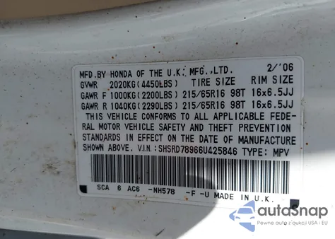 2006 Honda Cr-V Se из США, поврежденный, VIN SHSRD78966U425846